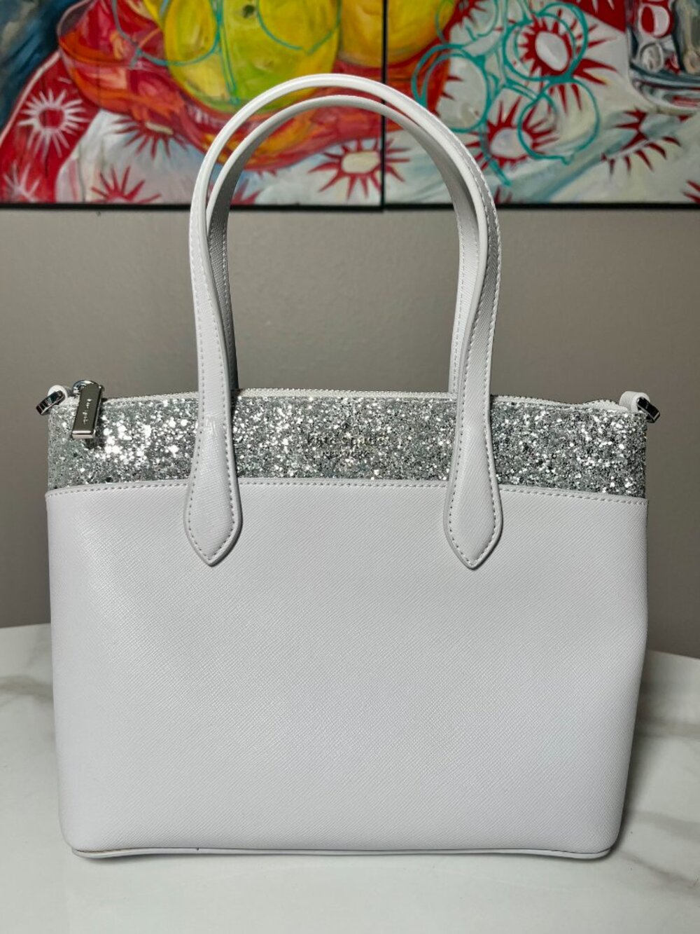 Kate Spade Flash Glitter Satchel Light Grey Silver Crossbody Satchel NWOT - Picture 3 of 16